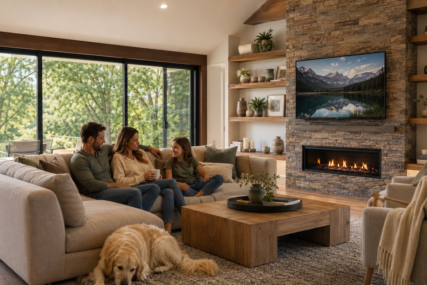 Family relaxing in a living room with a dog by the fireplace