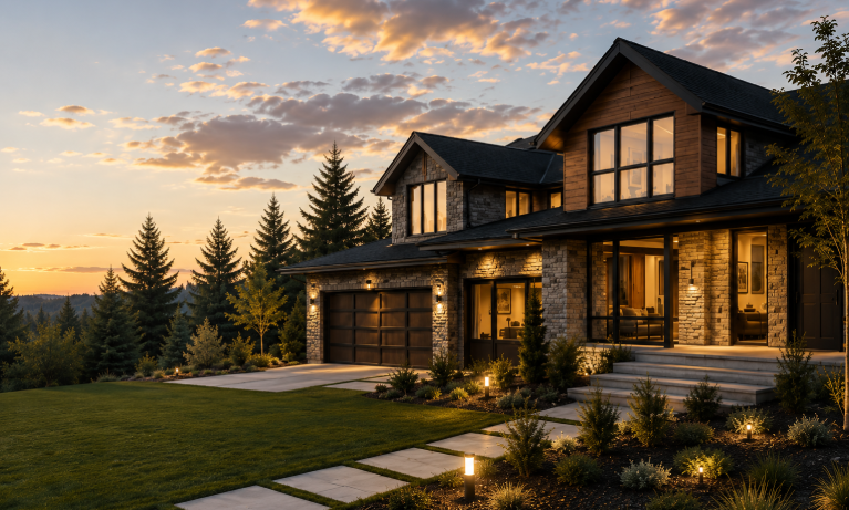 Modern home exterior at dusk with warm interior lighting